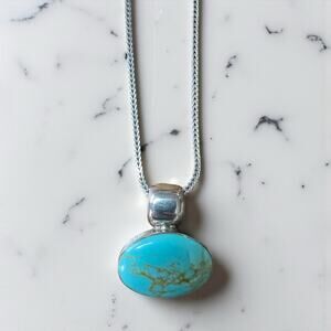 Natural Turquoise Pendant 18” Sterling Silver Chain 925 Mexico ATI